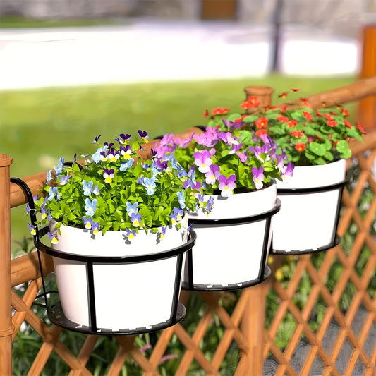 STANSY Iron Balcony Railing Plant Holder, Round Hanging Flower Pot Stand, Heavy Duty Metal Planter Basket for Balcony, Garden & Outdoor Decor, BlacK