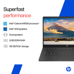 HP 14s, Intel Celeron N4500 Laptop (8GB DDR4,512GB SSD) Anti-Glare, Micro-Edge, 14/35.6cm, HD, Win11, M365 Basic(1yr),Office Home24, Black,1.46kg, HD Camera, UHD Graphics, dq3141TU
