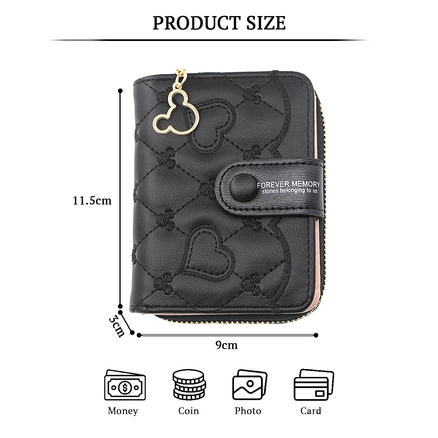 SYGA Women's Short Zipper Buckle Heart Shaped Wallet with Key Chain, Cute for Girls Pu Leather Wallet Coin & Card Purse(Mickey Black)