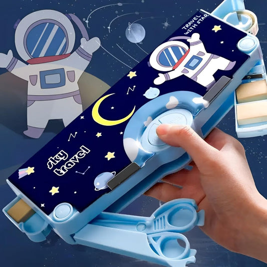 SYGA Children's Compass with Astronaut Design Pencil Box for Boys and Girls, Primary School Students, Multi-Functional (Blue)