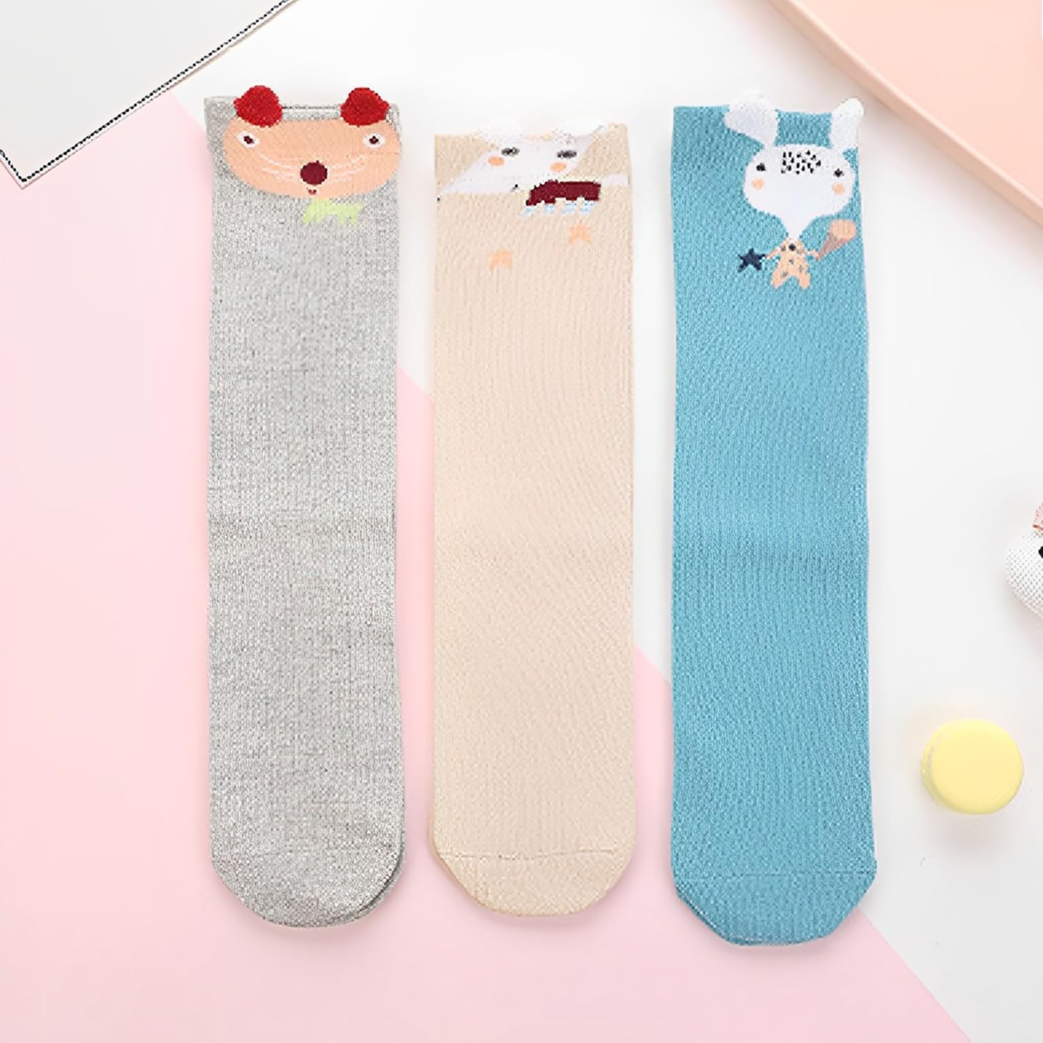 SYGA 3 Pairs Baby Cotton Long Tube Over-the-Knee Socks - Spring and Autumn, Suitable for 0-3 Years Old(Sleepy Bear)