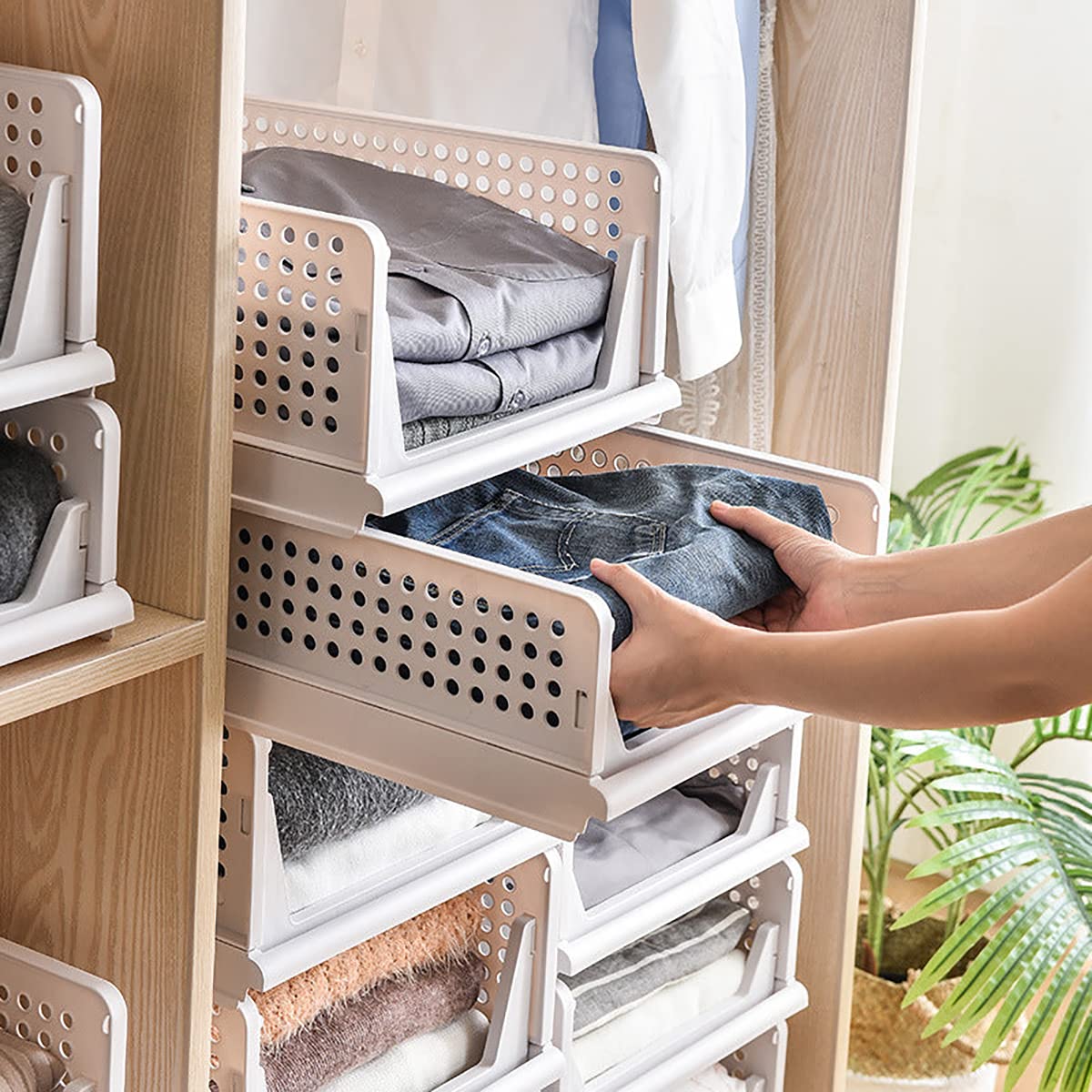 SYGA 2pcs Shelf Baskets Organizer Folding Wardrobe Household Layered Storage Rack Drawer-Type Stackable Large Storage Basket Plastic (White)