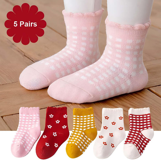 MOMISY 5 Pairs Tube Socks for children Toddlers Infant Baby Girl Boys (Checks Flower, 6 Year to 8 Year)