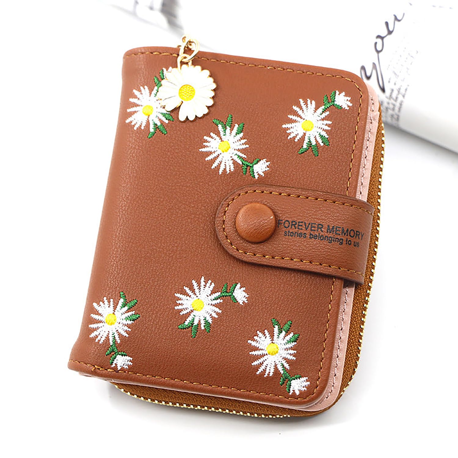 SYGA Women's Short Zipper Buckle Personalized Pu Leather Wallet Coin & Card Purse(Flower Brown)