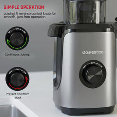 DOMESTICA Dripdrop Cold Press Juicer for Home with 108mm Wide Feed Chute | Slow Juicer Machine for Fruit, Veggie & Nut Milks | Smart Reversal Technology & Triple Strainers For High Nutrition