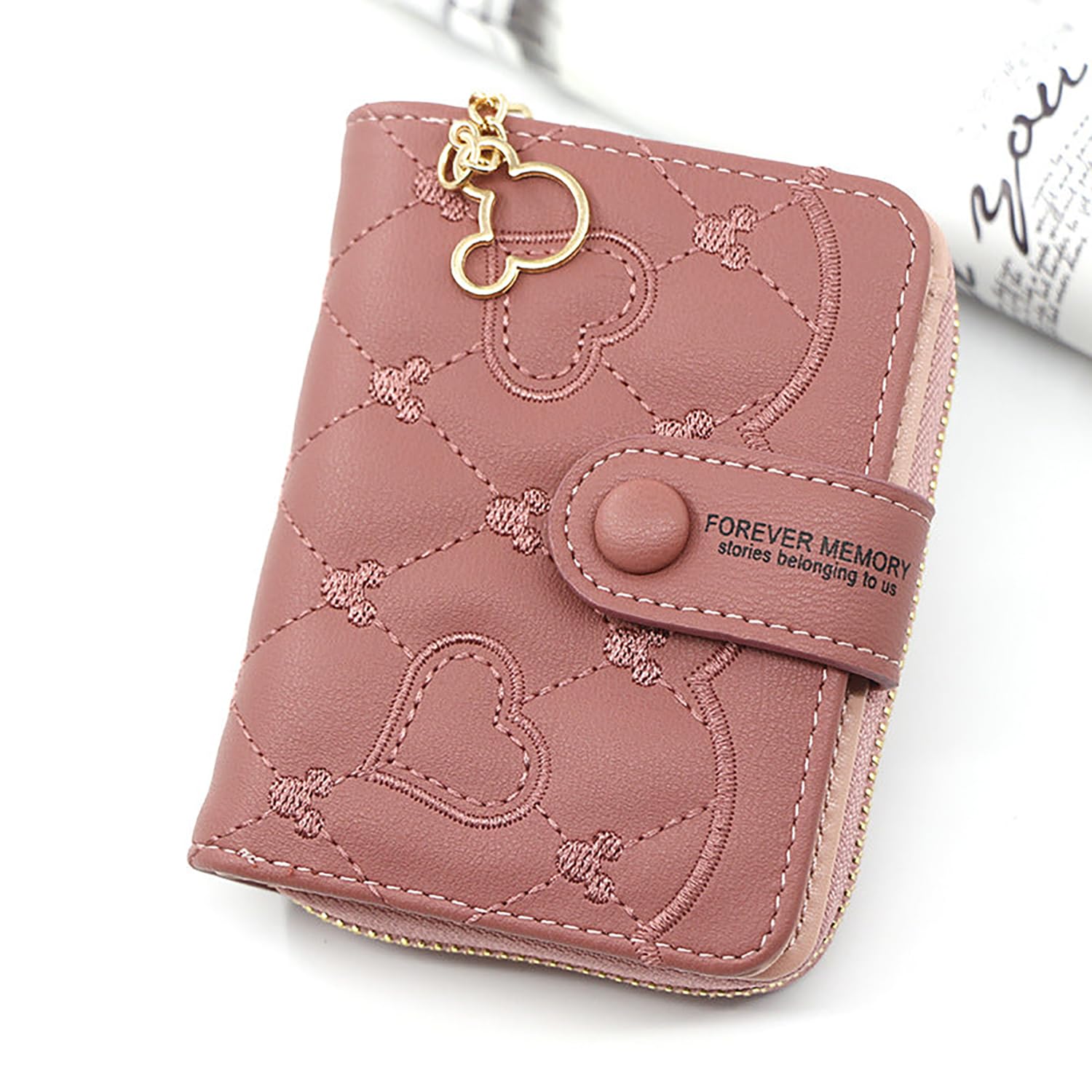 SYGA Women's Short Zipper Buckle Heart Shaped Wallet with Key Chain, Cute for Girls Pu Leather Wallet Coin & Card Purse(Mickey Pink)