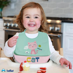 MOMISY Baby Bib For Newborn Waterproof Silicone Apron Wipeable Stain Resistant With pocket For 6 months and up (1, GreenCat)