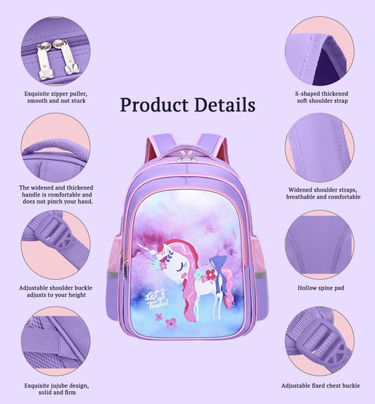 SYGA Kids School Bag Cute Pony Design, Lightweight Backpack for Elementary school students (Light Purple)