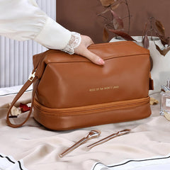 MOMISY Large Capacity Cosmetic Travel Bag, Women's Makeup Travel Bag Portable Leather Cosmetics Bag, Makeup Storage Bags with Handle and Divider, Wide Opening Cosmetic/Makeup Organizer (Brown)