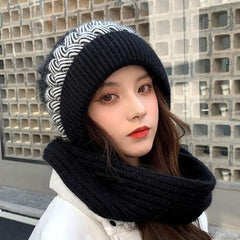 SYGA Women Winter Knitted Warm Hat With Scarf,Ear Protection Pompom Woolen Hat For Adult (White), Free Size