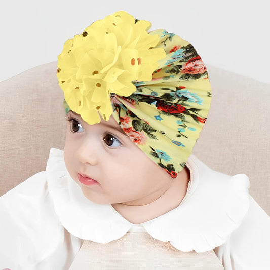 SYGA Baby Turban Hat, Toddler Beanie Cap Infant Hat 6 Month-4 Years Cotton Floral Baby Cap Headwear Unisex with Big Flower Soft Cute Hat, Yellow Floral