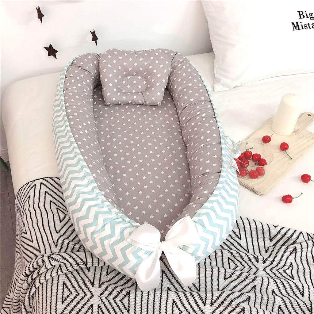 SYGA New Born Baby Nest Portable Reversible Sleeping Bed Foldable Sleeping Toddler Cotton Baby Mattress Pillow for 0-2 Years Baby, 53 X 88 CM, Blue Edge Blue Star