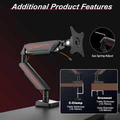 Fydeamer Monitor Arm, Gas Spring Monitor Stand for 17-35 Inch Screens up to 11 kg, Adjustable Monitor Mount with C-Clamp & Grommet Base (Single Arm Black)