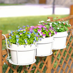 STANSY Iron Balcony Railing Plant Holder, Round Hanging Flower Pot Stand, Heavy Duty Metal Planter Basket for Outdoor Garden Decor, White