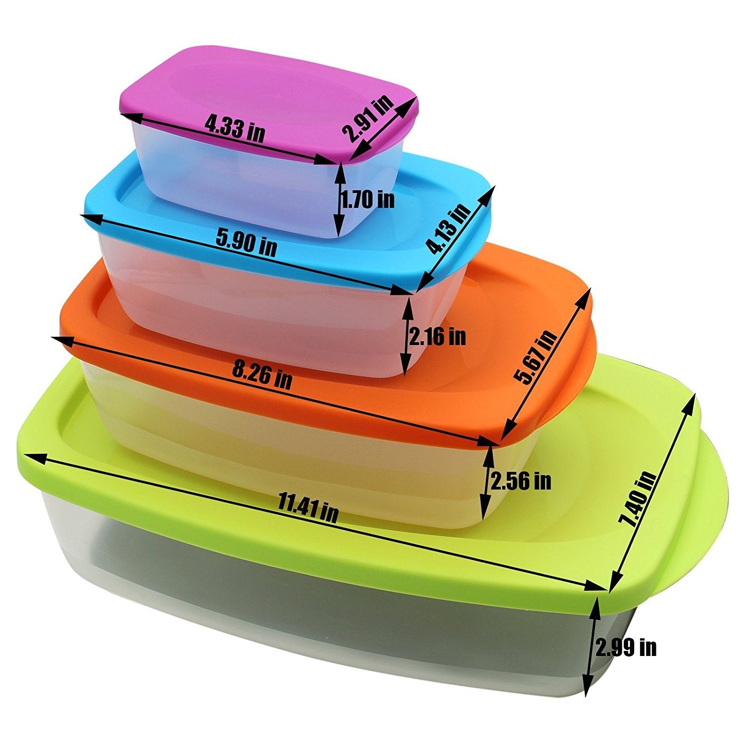 SYGA Ractangle Shape Food Storage Container Set with Multi Colored Lids,BPA-Free Plastic 4 Container