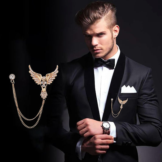 SYGA Men's & Women Suit Shirt Stud Lapel Pin Chain Tassel Brooch Pin with Crystal Chain(Diamond Eagle Gold)