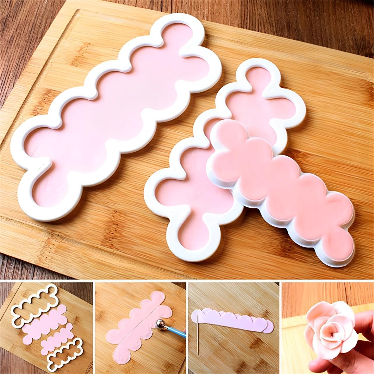 Syga 3pcs Cake Decoration Mold, DIY One-Piece Molded Fondant Roses Printing Mould Tool Set, Food Grade Cutter Modeling Tools for Christmas Party Wedding Cake in Mould Dessert Decorators, White
