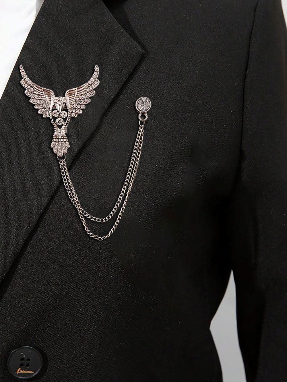 SYGA Men's & Women Suit Shirt Stud Lapel Pin Chain Tassel Brooch Pin with Crystal Chain(Full Diamond Eagle Silver)