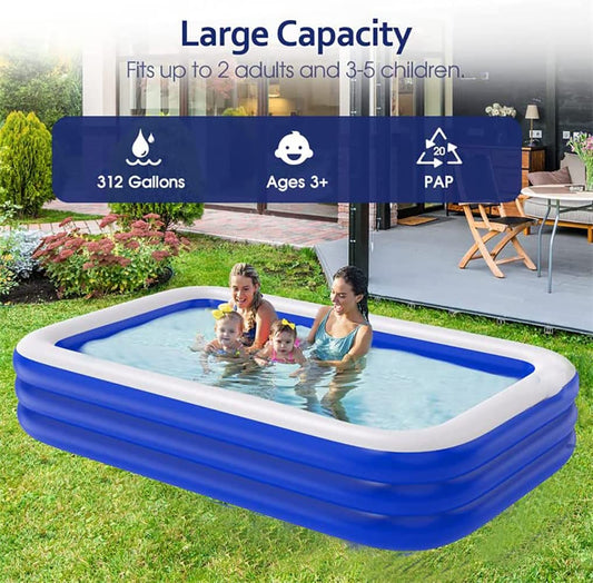 SYGA Rectangular Family Swimming Pool Inflatable Tub Kiddie Pool 3 Layer 150cm Length*105cm Width*55cm Height Bathtub for Kids, Adults, Outdoor, Garden, Backyard, Pool Party