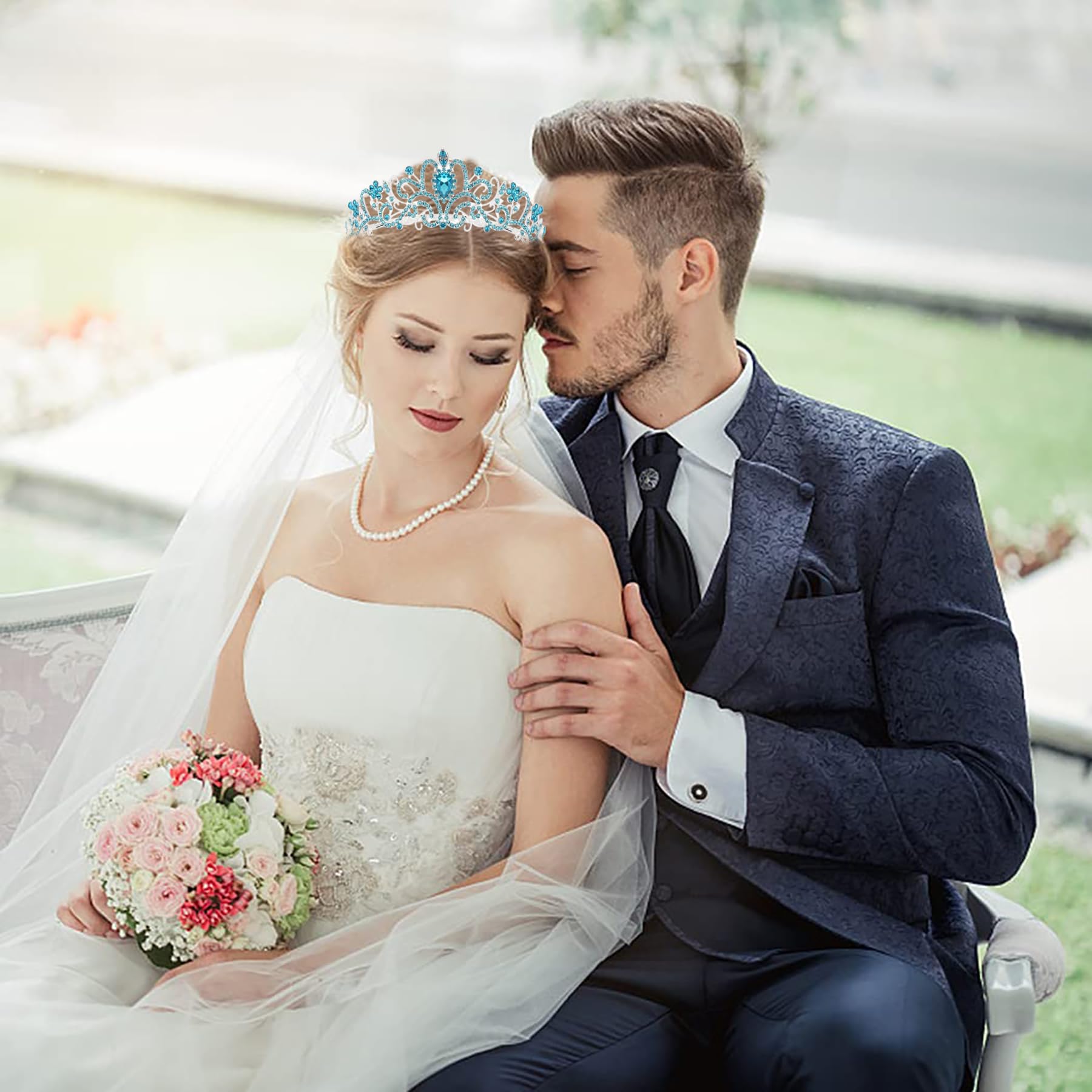 SYGA Bridal Princess Girl Tiara and Rhinestone Crown Headband Hair Accessories for Women Wedding Ceremony Party (Silver Plating + Sky Blue)