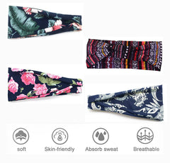 MOMISY 4Pcs Headbands for Women Yoga Running Sports Hiking Hairband Elastic Non Slip Sweat - Navy Blue, Multi, Blue Garden, Navy Blue Floral