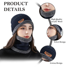 MOMISY Unisex Woolen Beanie Design Cap Plus Muffler Scarf Set for Men Women Blue