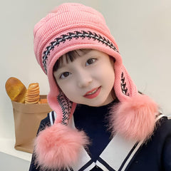 MOMISY Girl's Winter Warm Pom-Pom Balaclava Hat Full Cover Earflap Hood Cap_5-10 Years (Pink)