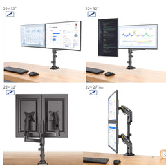 22''- 35'' Dual Monitor Desk Mount Stand Full Motion Swivel Monitor Arm Gas Spring Upto 12kg H180