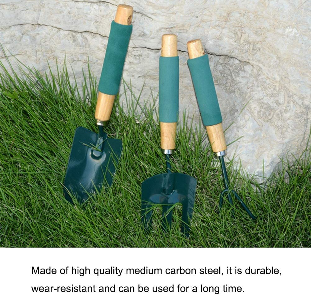 SYGA 3Pcs Small Garden Tools Set Heavy Duty 1Garden Hands Shovel Trowel 1Claw Rake 1 Plants Fork with Ergonomic Wooden Handle Metal Bonsai Tool Kit for Transplanting and Digging