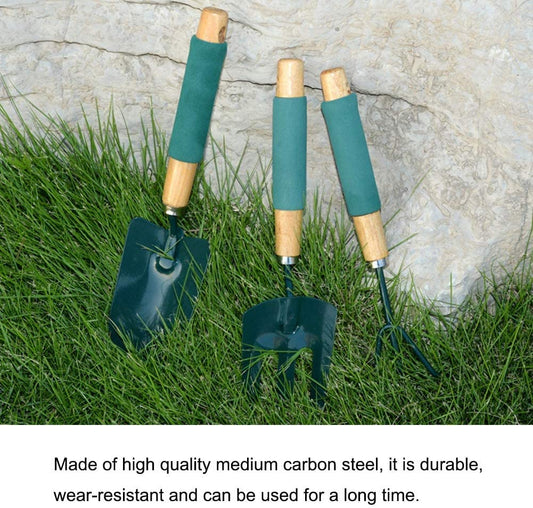 SYGA 3Pcs Small Garden Tools Set Heavy Duty 1Garden Hands Shovel Trowel 1Claw Rake 1 Plants Fork with Ergonomic Wooden Handle Metal Bonsai Tool Kit for Transplanting and Digging