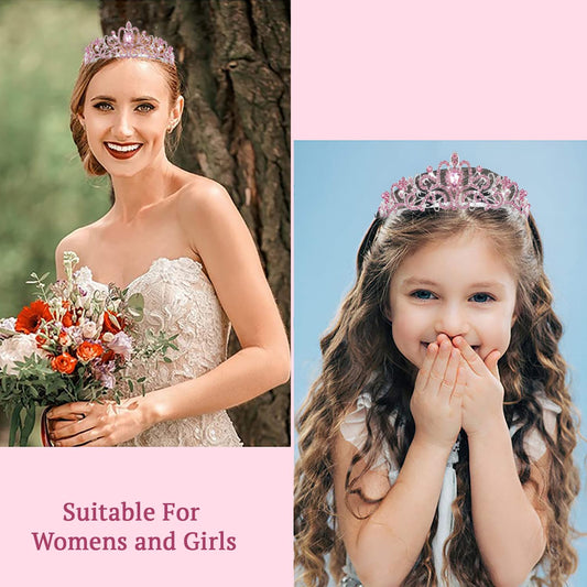 SYGA Bridal Princess Girl Tiara and Rhinestone Crown Headband Hair Accessories for Women Wedding Ceremony Party (Silver Plating + Pink diamonds)