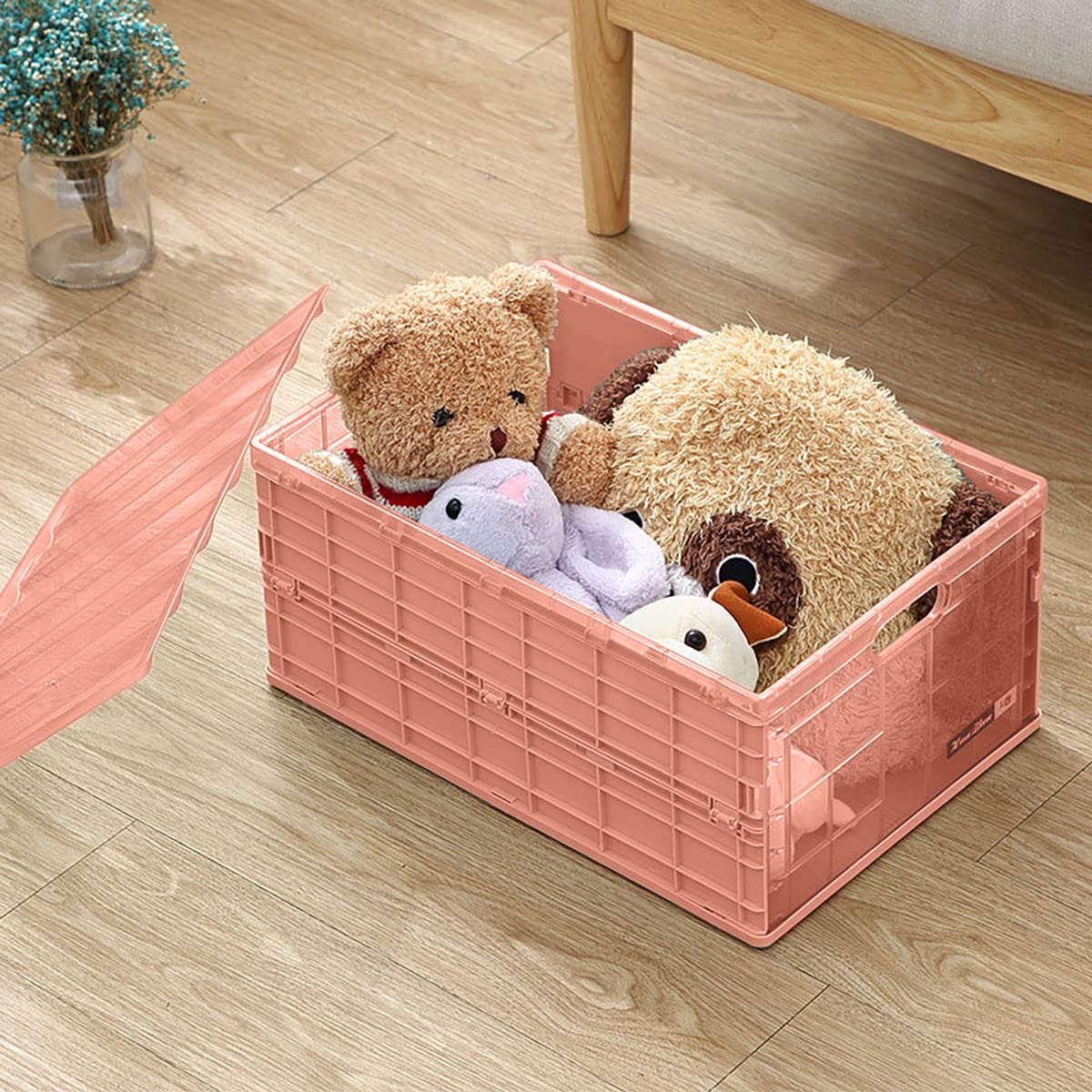 SYGA Large Storage Box Plastic Foldable Transparent Belt Cover Clothes Toy Book Snack Size Finishing Box(Pink)