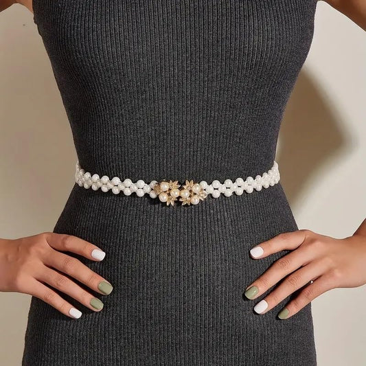 SYGA Pearl Adjustable Waist Belt with Hollowed Tassel Detail, Suitable Size for Waist 24-34 INCH
