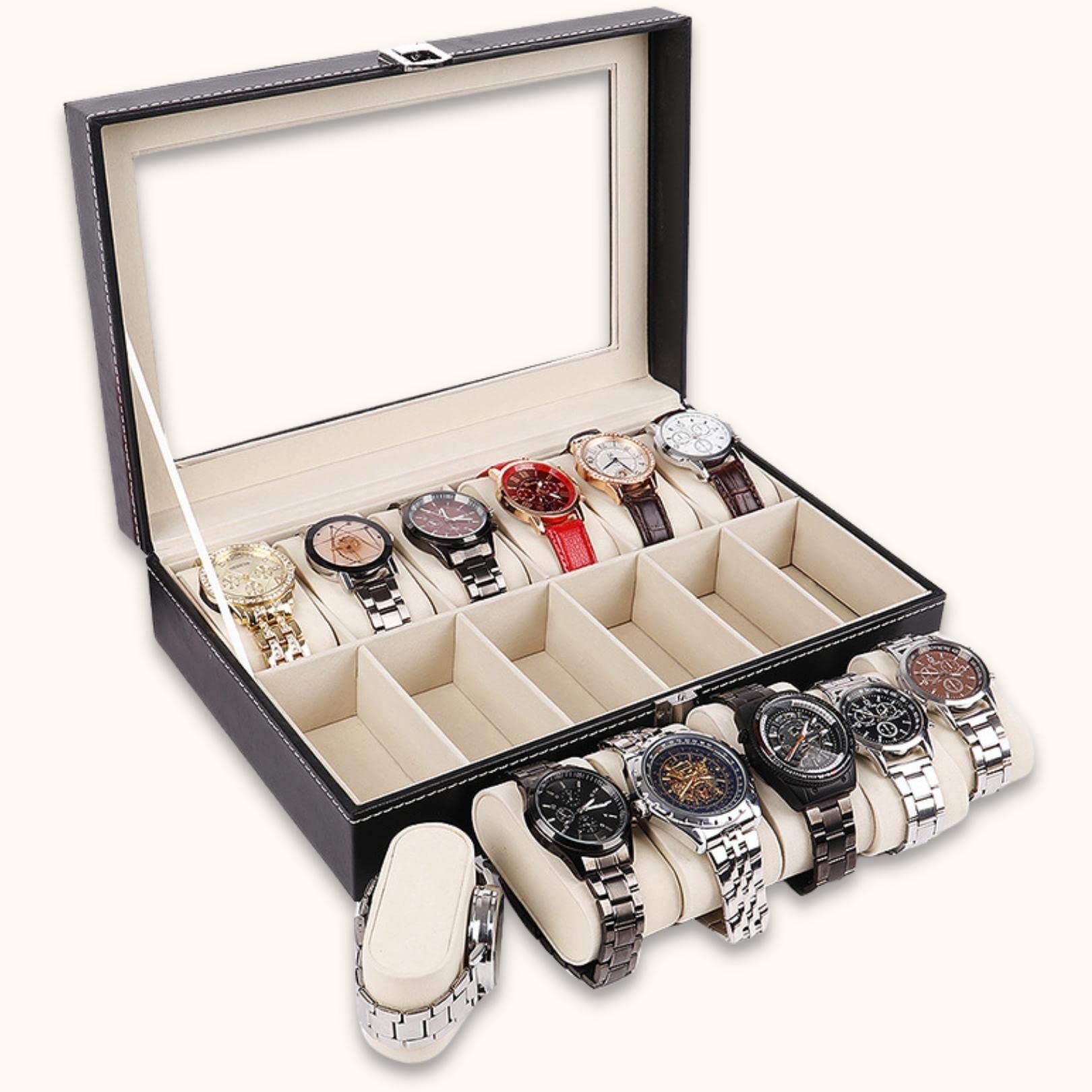 SYGA Watch Box for 12 Watches | Watch Case | Watch Holder | Watch Organizer Designer/Black_ Pu Leather