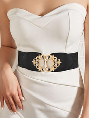 SYGA Women Cinch Belt, PU Leather Stretchy Waist Belt with Pearl Studded Metal Buckle, Retro Style - Black
