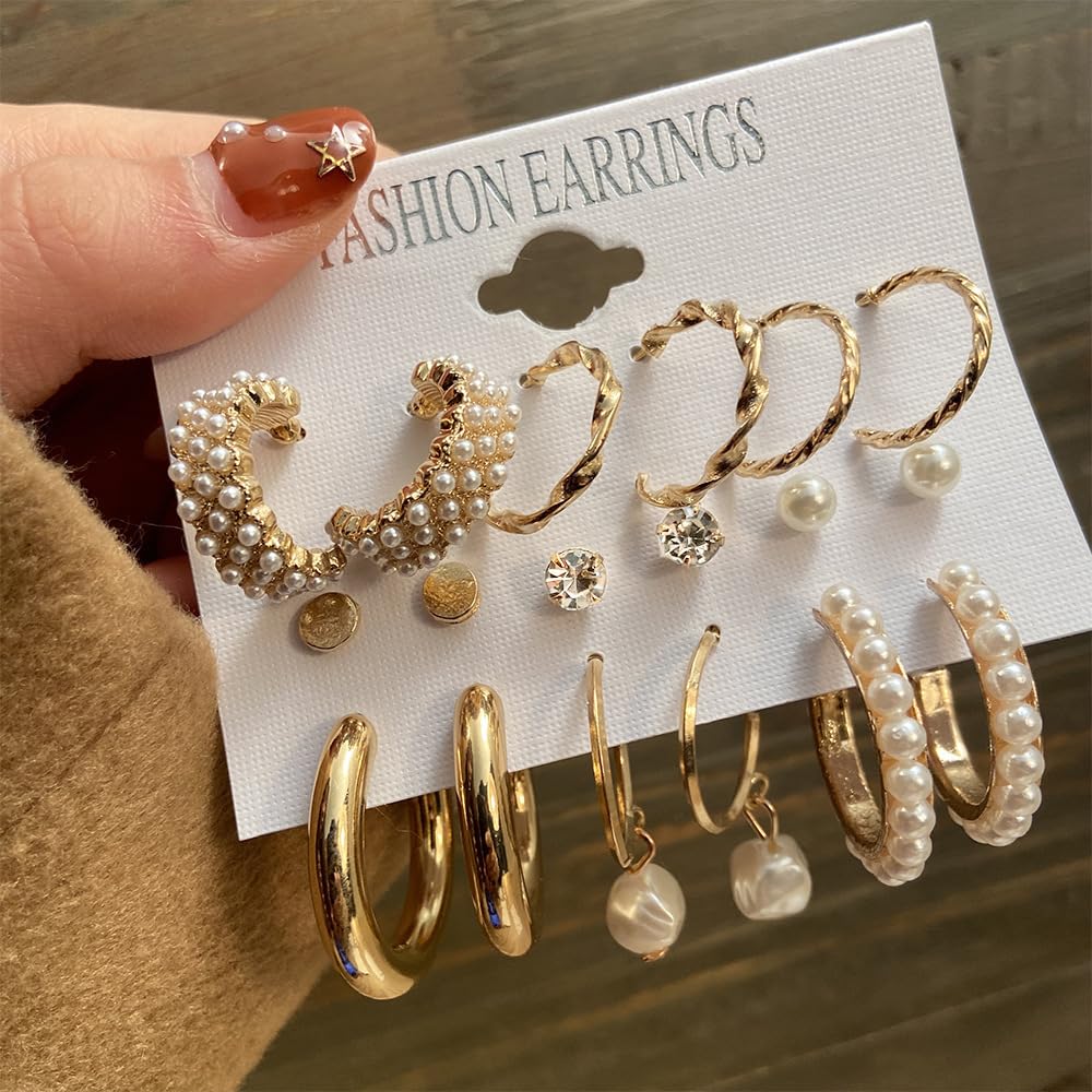 SYGA Little Pearl Earrings Set of 9, Celebrity Inspired Latest Stylish Gold Plated Hoop and Crystal Pearl Stud Earrings for Women