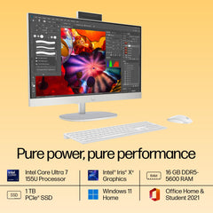 HP All-in-One, Intel Core Ultra 7 155U (16GB DDR5,1TB SSD) IPS, 300 nits, Anti-Glare, 27inch(68.6cm) FHD, Win11, M365, Office24, Shell White, 6.72kg, FHD IR tilt Camera w/Privacy shuttter, 27-cr1009in