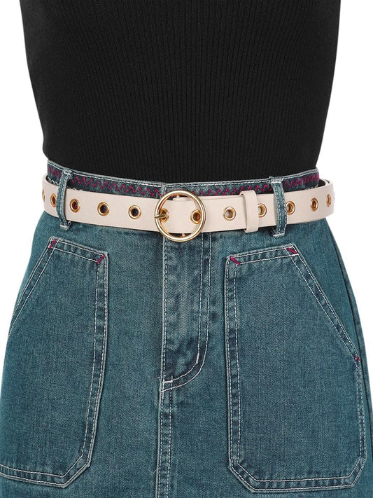 SYGA Women's PU Leather Belt Round Buckle Eyelet Waist Belt, Beige (Pack of 1)