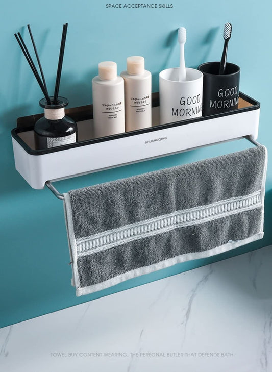 MOMISY Magic Sticker Series Plastic Kitchen and Bathroom Shelf with Towel Napkin Holder (White-Black)
