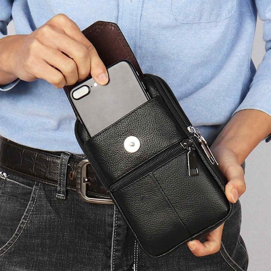 MOMISY Leather Crossbody Sling Bag, Mobile Cell Phone and Passport Holder, Travel Waist Pouch Holster for Men and Women (Black)