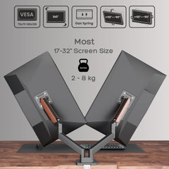 Flowlyf Black Dual Wooden Texture Premium Gas Spring Monitor Arm | 17-32" Screen Monitor VESA Mount | Height Adjustability | 360 Degree Rotation |Easily Hold Upto 8KG Weight Each |2 Way Wire Manager