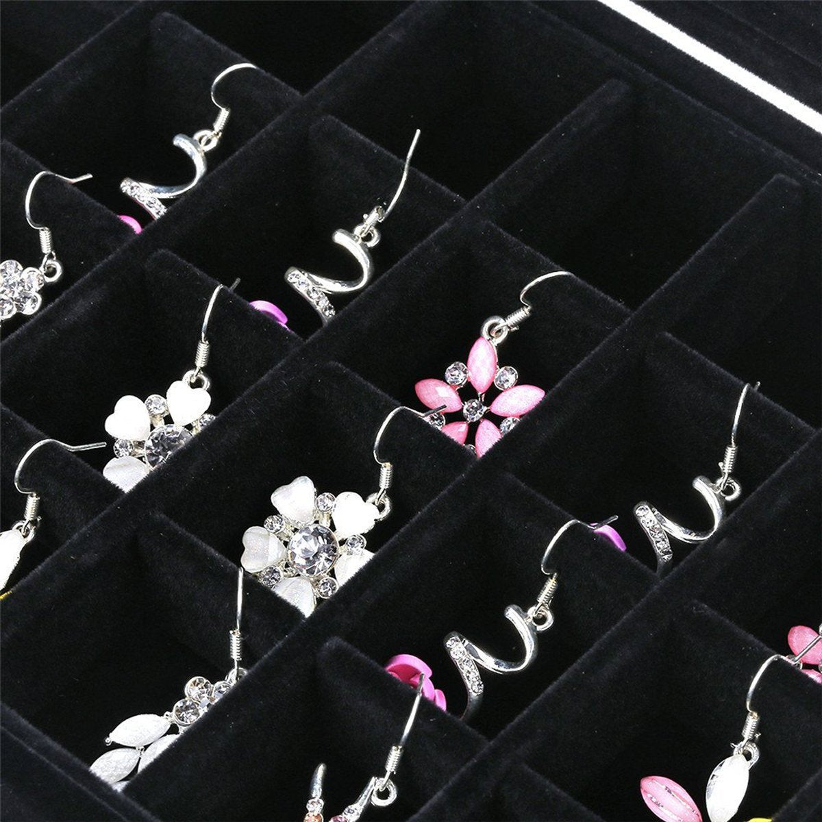 SYGA 24 Section Velvet Glass Jewelry Ring Display Organiser Box Tray Holder Earrings Storage Case (Black)