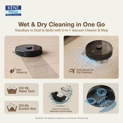 KENT RoboKlean R1 Black 2-in-1 AI Robotic Vacuum Cleaner & Mop, 8500Pa Suction, 5200mAh Battery, 3D Mapping, Laser Navigation, Wet & Dry Cleaning, 260 Minutes Run-Time, Floor & Carpet, Anti Fall