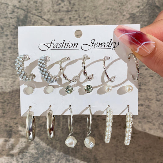 SYGA Little Pearl Earrings Set of 9, Celebrity Inspired Latest Stylish Silver Plated Hoop and Crystal Pearl Stud Earrings for Women(Silver)