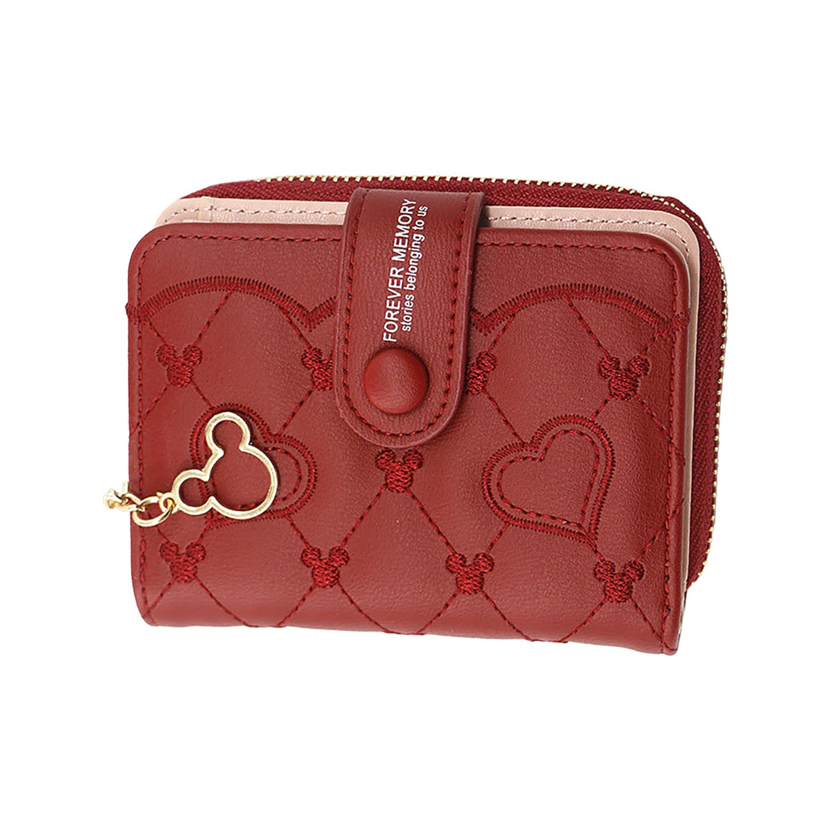 SYGA Women's Short Zipper Buckle Heart Shaped Wallet with Key Chain, Cute for Girls Pu Leather Wallet Coin & Card Purse(Mickey Red)