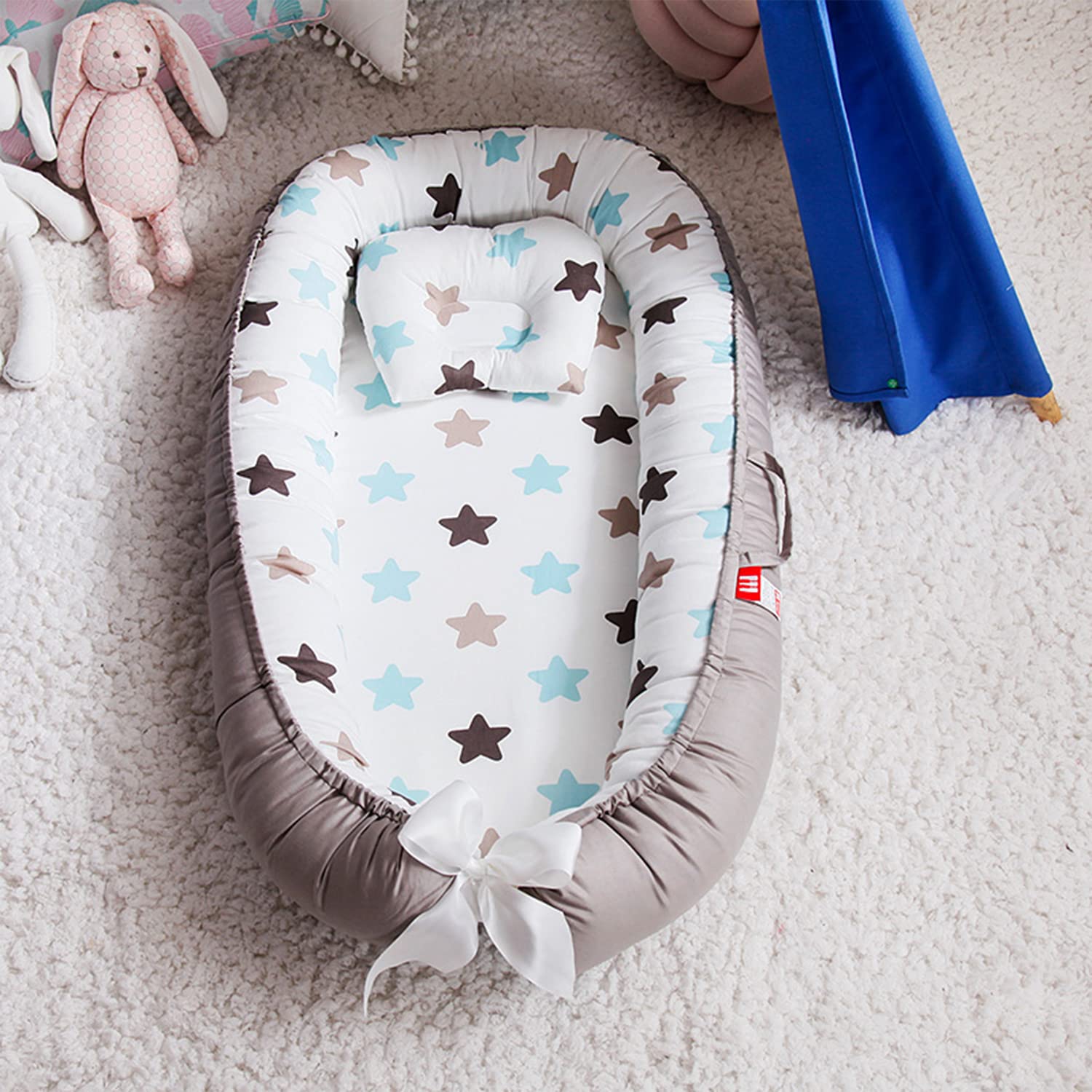 SYGA New Born Baby Nest Portable Reversible Sleeping Bed Foldable Sleeping Toddler Cotton Baby Mattress Pillow for 0-2 Years Baby, 53 X 88 CM, Blue Edge Blue Star
