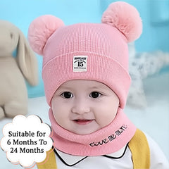SYGA Woolen Baby Cap Knit Hat Scarf Unisex Winter Pom Pom Cap Neck Warme 6 Month to 24 Month Baby - Beige