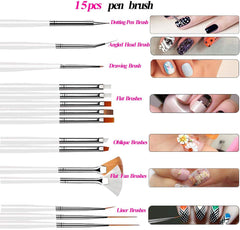 SYGA 15pcs Acrylic Nail Art Design Painting Tool Pen Polish White Nail Brush Set