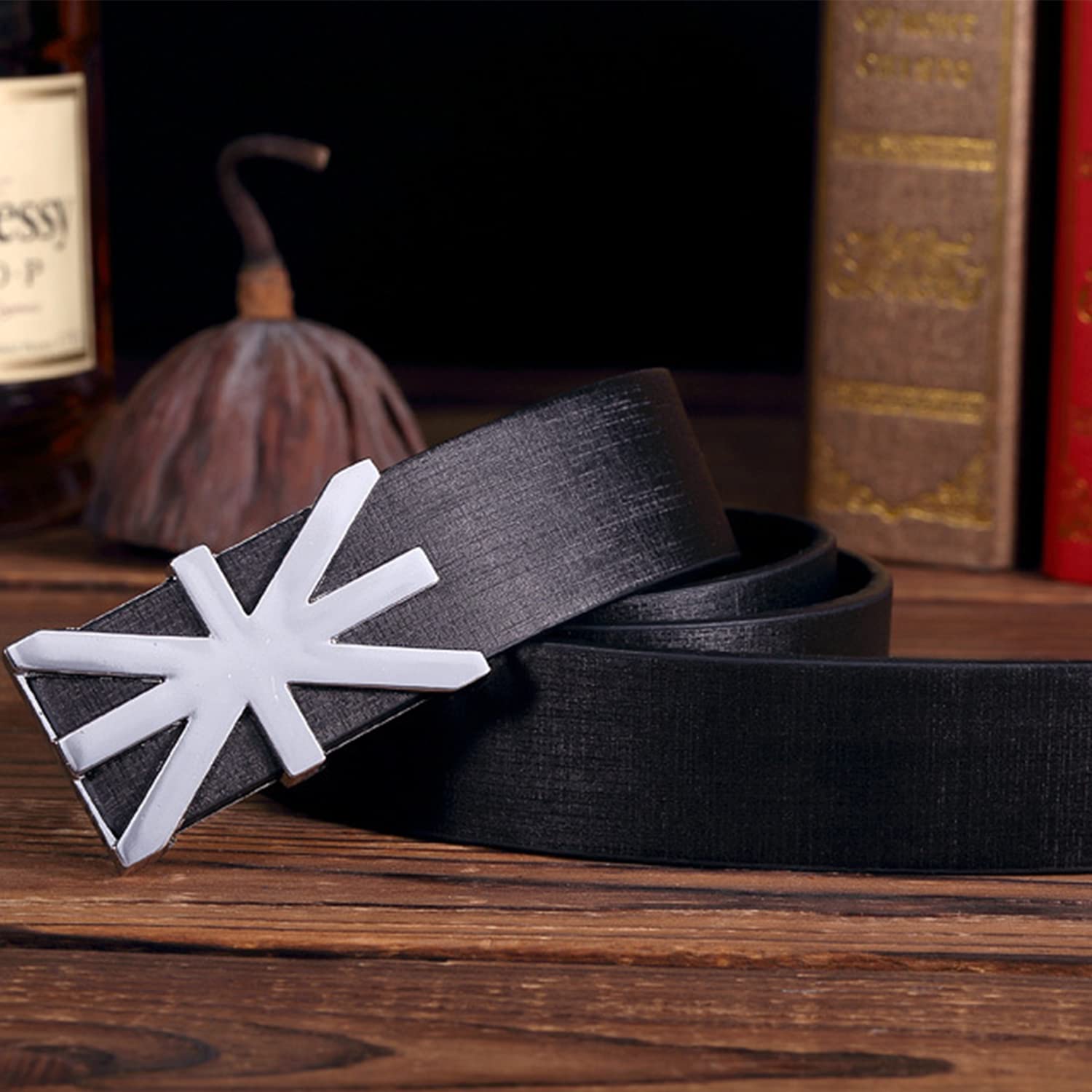 SYGA Men's Leather Belt Stylist Belt Casual Pants Belt Double 7 Number Buckle Belt Men (Black)