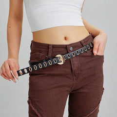 SYGA Women's Gold Oval Eyelet Belt Round Button Jeans Belt(Black)